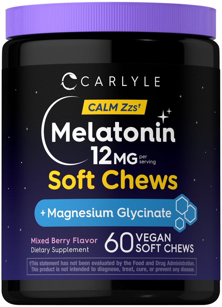 Carlyle Melatonin 12mg | 60 Soft Chews | with Magnesium Glycinate | Mixed Berry Flavor | Vegan, Non-GMO & Gluten Free Supplement
