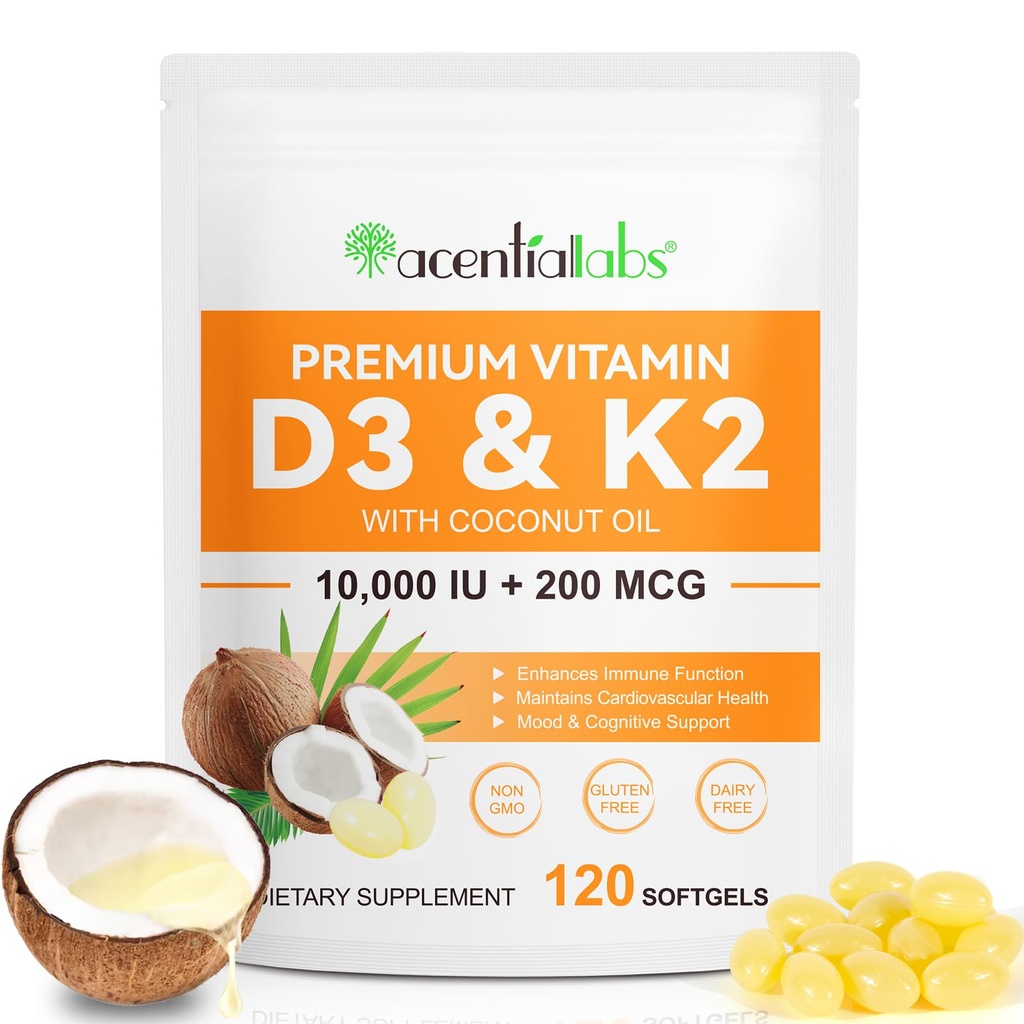 Vitamín D3 K2 Supplement Softgels, 10000 IU VIT D3 + 200 MCG K2 (MK-7) 