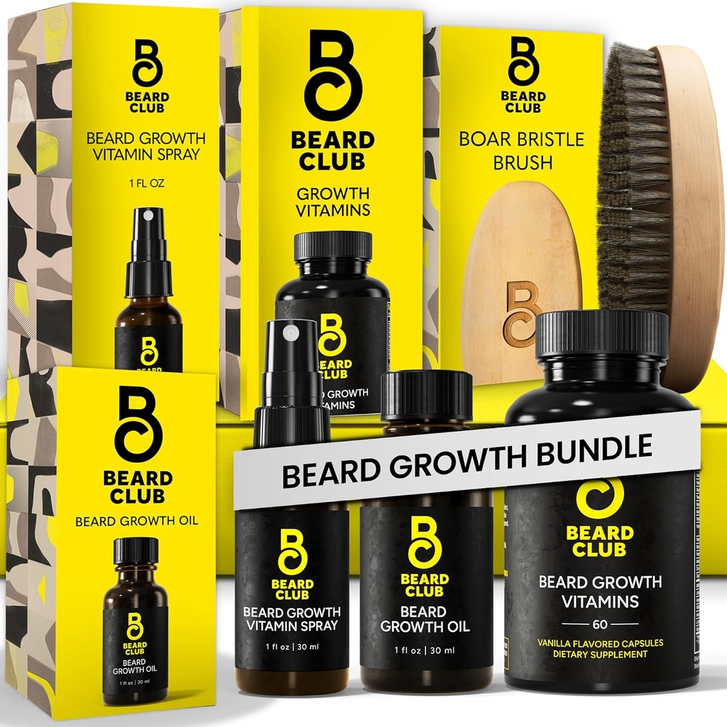 Beard Club Premium Beard Growth Kit - Rastový olej, vitamíny, vitamíny sprej a Bristle Brustle Brush - Darčeková sada