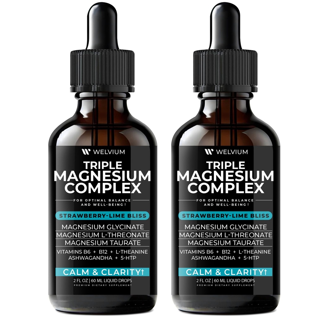 Triple Magnesium Complex Liquid Drops - Magnesium Glycinate Supplement, L-Threonate, Taurate - Ashwagandha, L-Theanine, 5-HTP, Vitamins B6, B12, Bromelain, Inositol for Mineral Balance-2 Pack