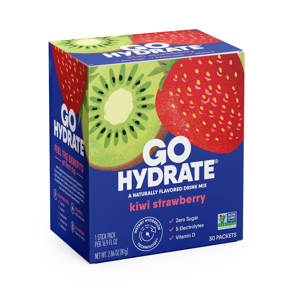 GoHydrate Instant Hydration Powder Pakets - Nízky obsah sodíka Electrolytes Drink Mix - Prírodná hydratácia Podpora, Bezcukrový Electrolyt Ochutený prášok Nápoj s vitamínom D, 30 Balíčky, Kiwi Strawberry