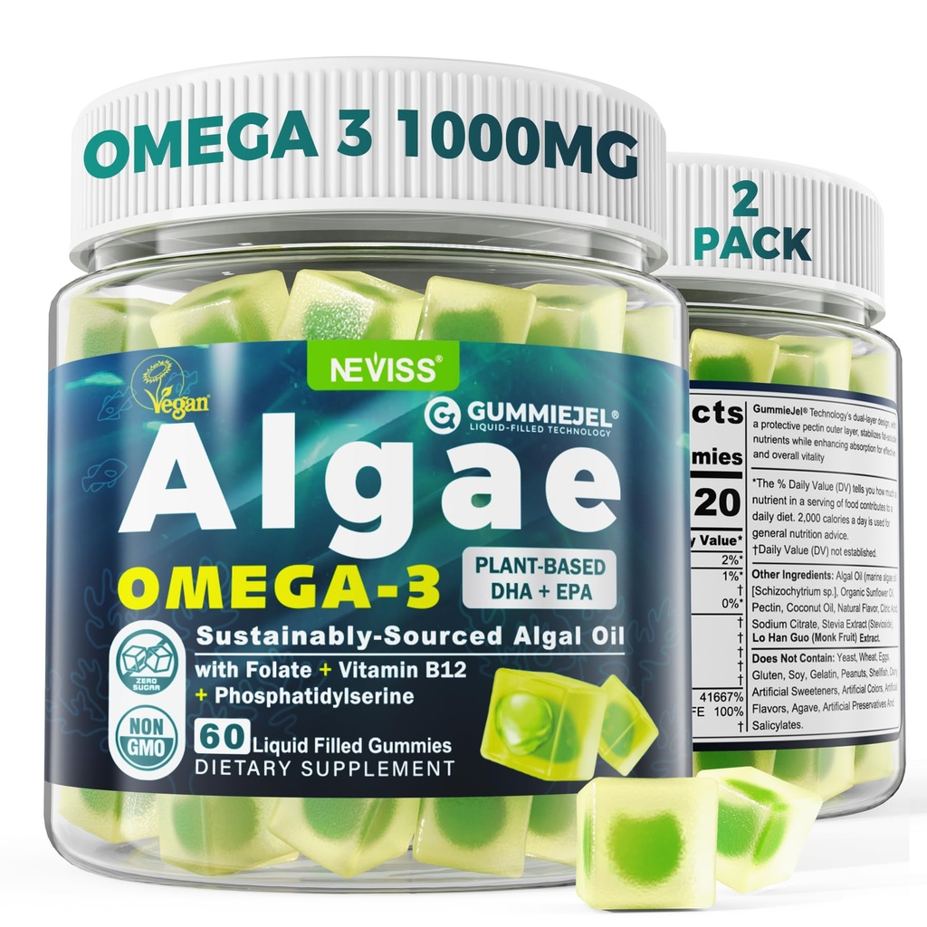 2 balenia Algae Omega 3 Gummies 1000mg, Plant Based DHA 460mg & EPA 230mg, Omega 3 Fish Oil Alternative for Adults, Plus MethylFolát, Vitamín B12, Fosfatidylserin, No Fishy Taste, Vegan, bez cukru