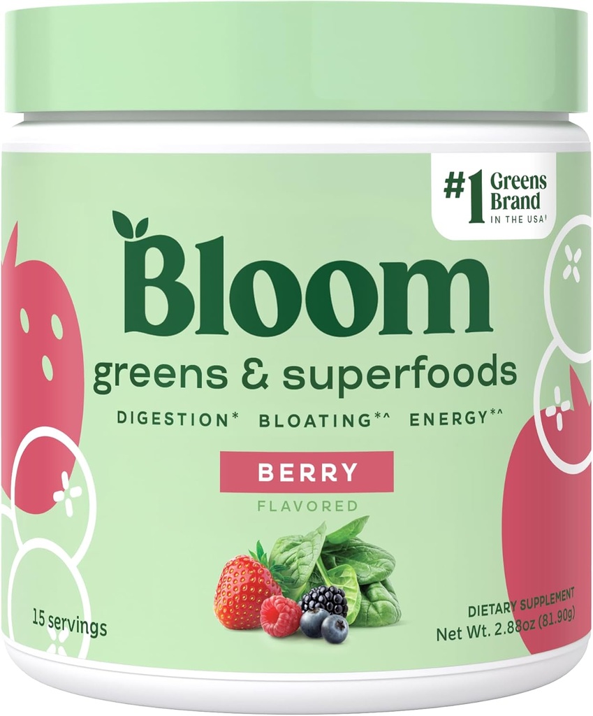 Bloom Nutrition Superfood Greens Powder, Digestive Enzymes w/Probiotiká & Prebiotiká, Gut Health, Bloating Relief for Women, Chlorella, 15 SVG (15 Servings (Pack of 1), Berry)