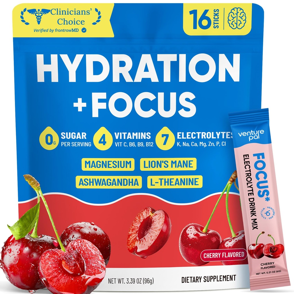 Venture Pal 2-in-1 Hydration Packets + Focus Support Electrolytes Powder, 7 Electrolytes + Vitamins, Magnesium, Lion's Mane & L-Theanine | Sugar Free Liquid Daily IV Drink Mix, Vegan, Keto, 16 Sticks