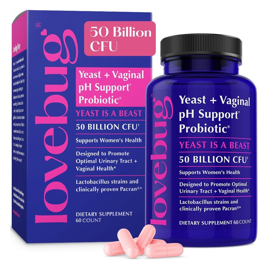 Lovebug Kvasnica a vaginálne probiotiká pre ženy pH Balance & Urinary Tract, 50 miliárd CFU, UTI, BV, Podpora odoru s Lactobacillus, Bifidobacterium, Digestive & Vaginal Health Supplement 60 kapsúl