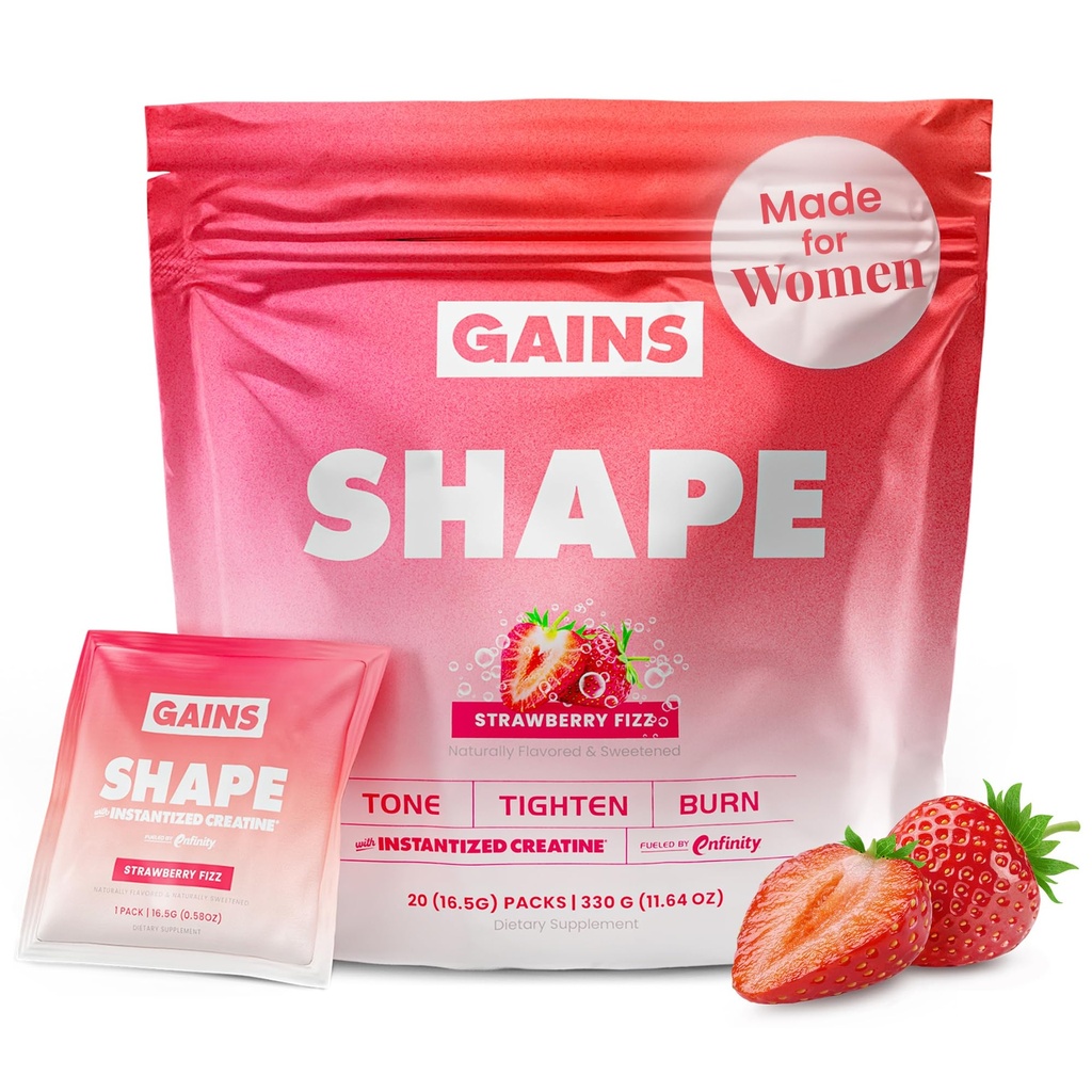 Gains in Bulk Shape Instantized Creatine for Women, Strawberry Fizz Flavor, Vegan Daily Workout Supplement with Hyaluronic Acid and Paraxanthine, Supports Energy and Lean Muscle, 20 Packets