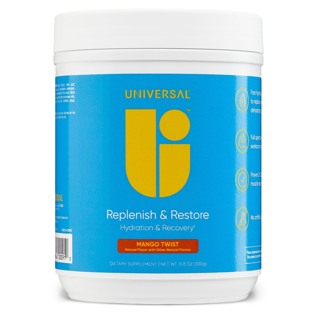 Univerzálne U Replenish & Obnoviť prášok, Hydratácia a zotavenie, podporuje svalovú opravu a rast, vlastné dávkovanie, L-lyzín, L-Glutamine, L-Tryptofán, žiadne umelé príchute, 30 Servírovanie (Mango Twist)