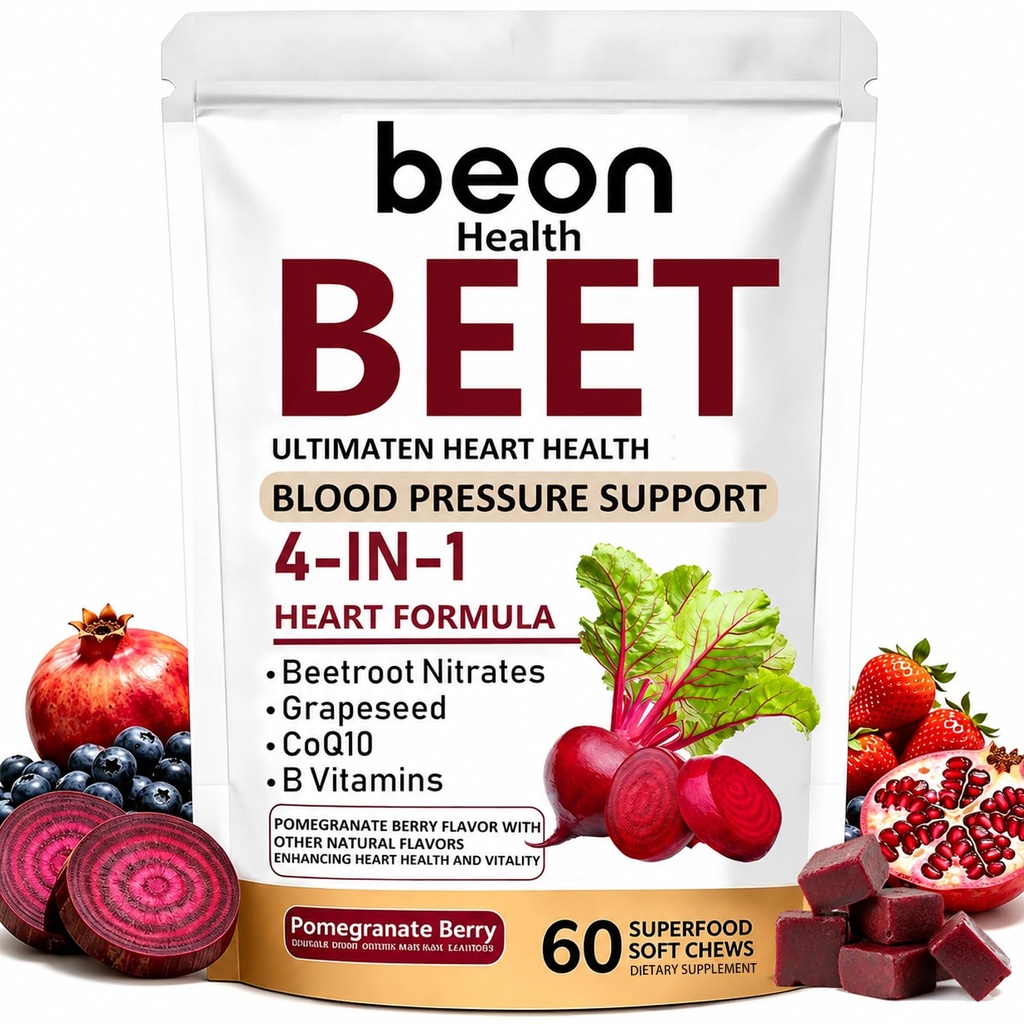 60 Count Beet Chews, Beetroot Chews Supplement with 500mg Beetroot, CoQ10 & Grape Seed Extract, Supports Circulation & Natural Energy, Pomegranate Berry Flavor