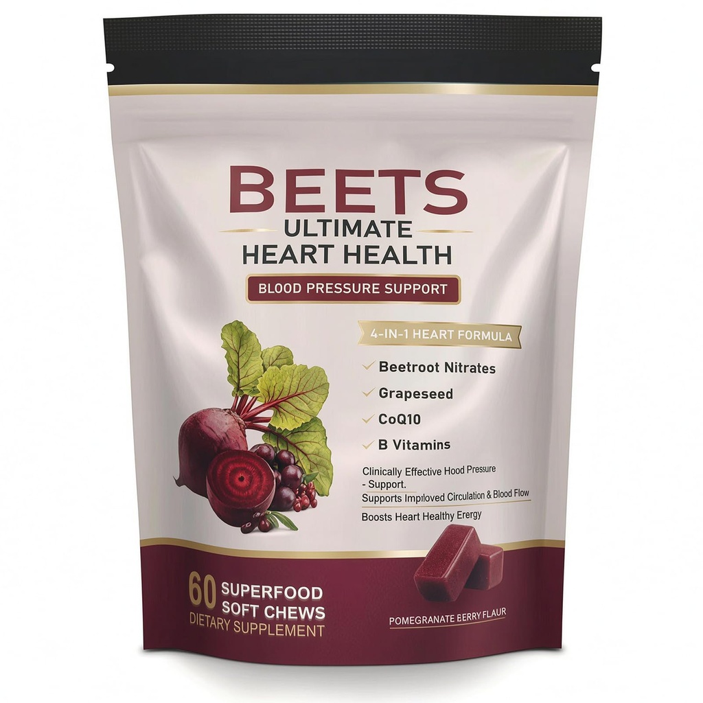 Beet Chews, Beets Chews the 4-in-1，with 500mg Beetroot, 100mg CoQ10 & 150mg Grape Seed Extract，60 Count