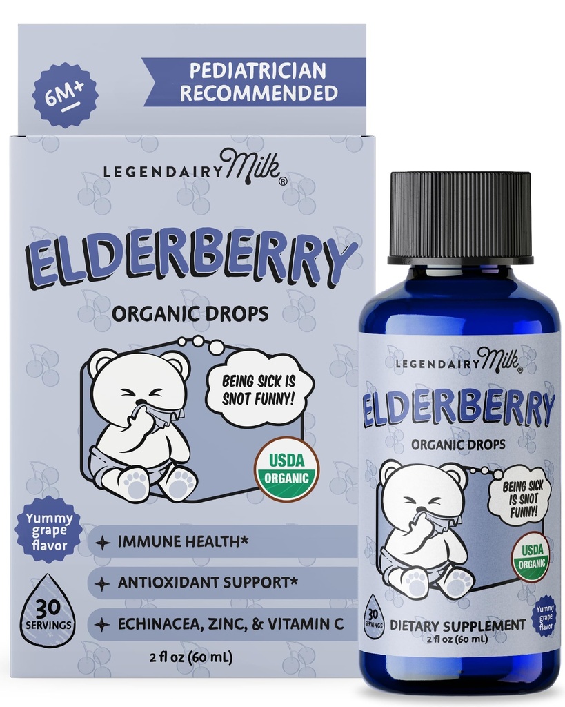 Legendairy Milk Organic Elderberry Drops - Baby Multivitamín s Echinacea, Vitamín C a Zinok pre imunitnú podporu - Ideálne pre deti a batoľatá, non-GMO - 30 Serviv