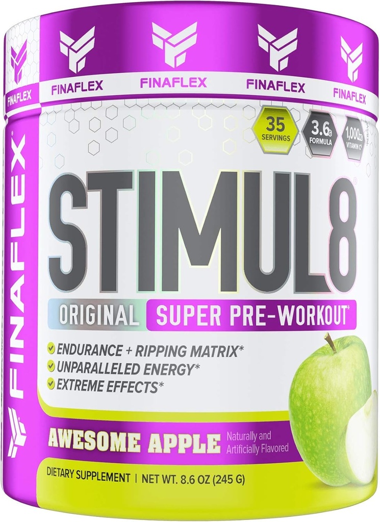FINAFLEX STIMUL8 Original Super Pre-Workout, úžasné jablko - Energia, sila a vytrvalosť pre mužov a ženy - s kofeínom, Beta-Alanínom a vitamínom C - 35 Servíruje