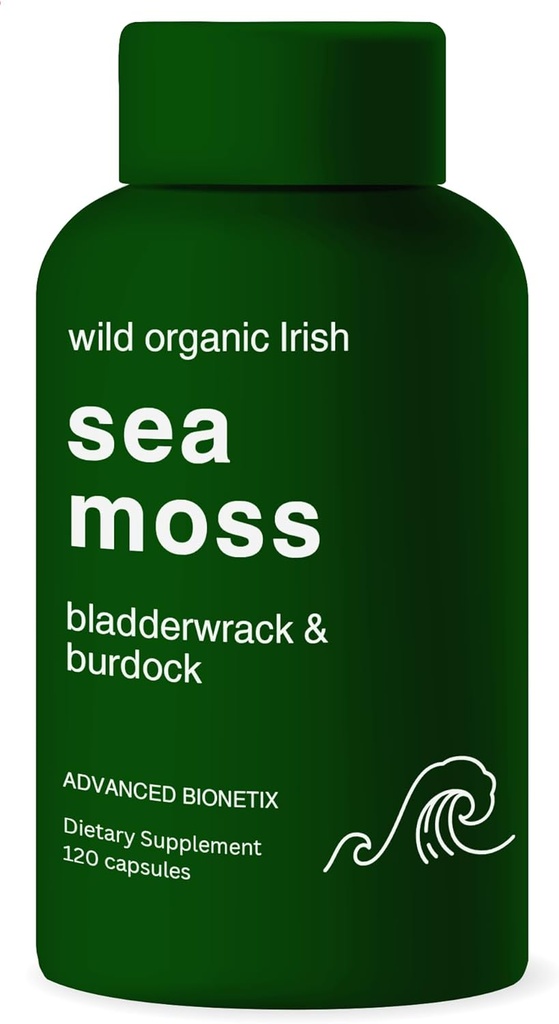 Organické Irish Sea Moss Capsules, Raw Wildcrafted Seamos Enhanced w/Bladderwrack & Burdock Root Kapsule 120 Celkom Pills Antioxidant Balené. Prebiotické superpotraviny, podpora štítnej žľazy