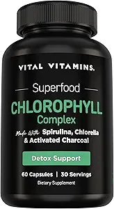 Vital Vitamíny Chlorofyl pilulky - Body Deodorizing Supplement - Vyrobené s Spirulina, Chlorella, Organický petržlen, Mäta, & Aktivovaný Charcoal - Defeat Odor Prirodzene - pre Ženy a mužov - 60 Kapsule