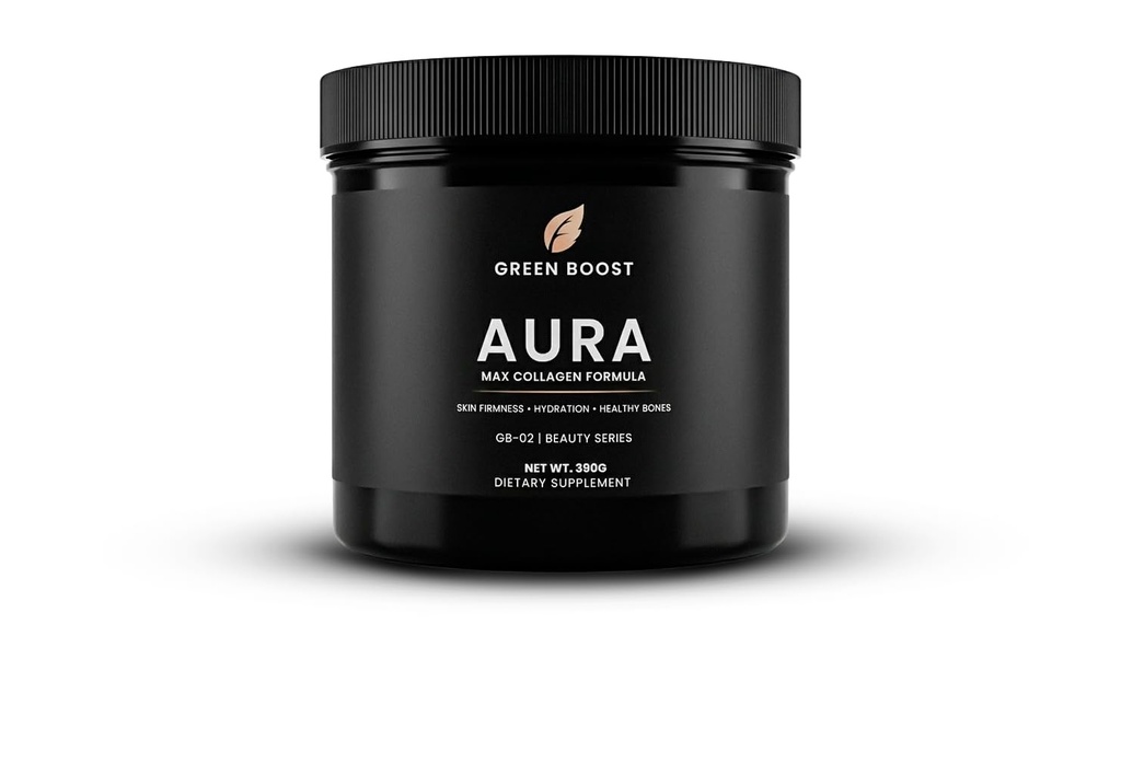 Multi-Source Collagen Peptides Powder Green Aura Max Collagen Formula with 5 Collagen Types + Hyaluronic Acid + Biotin + Vitamin C & E, Unflavored, 30 Servings (390g), Made in USA