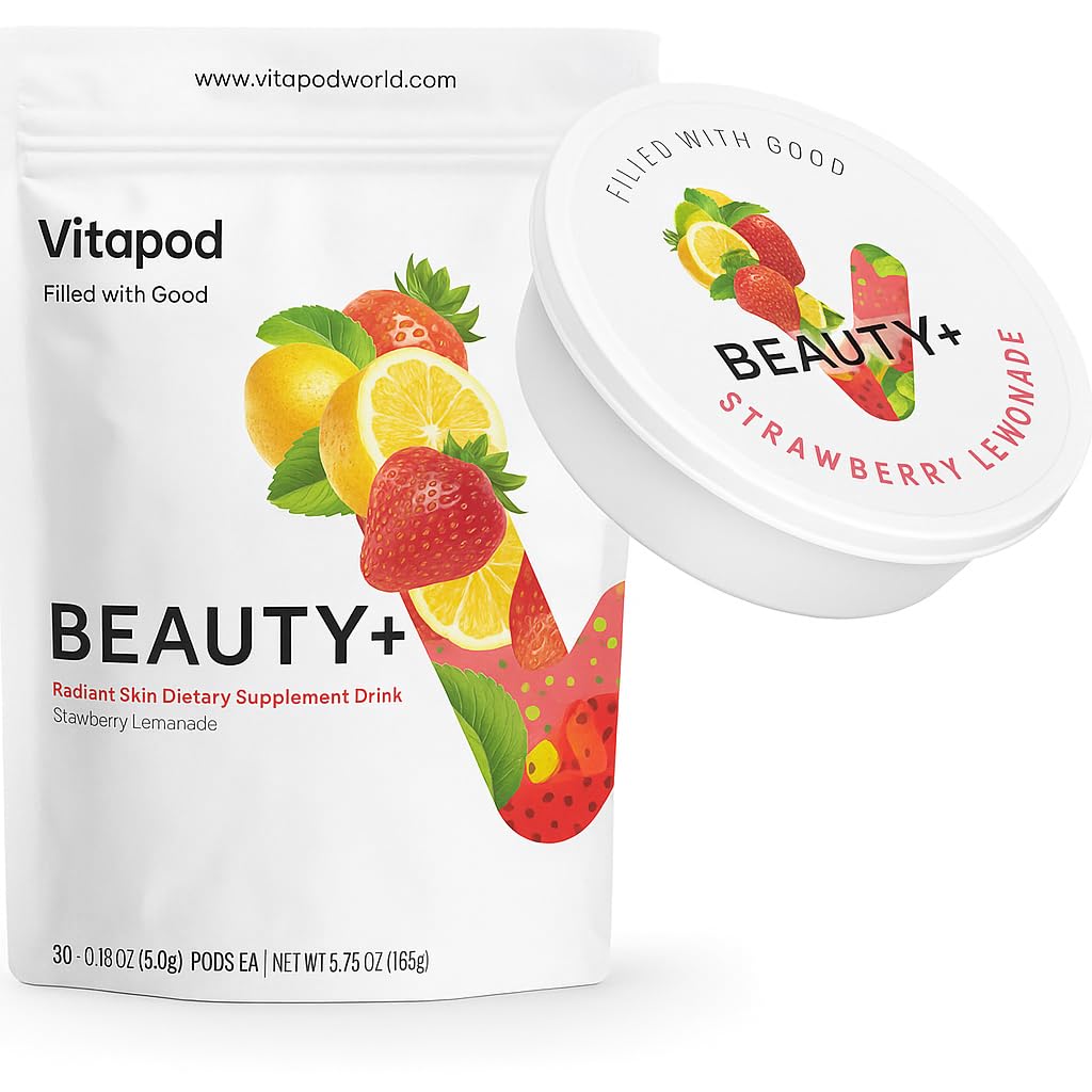 Vitapod Beauty+ Collagen Drink Mix, Strawberry Lemonade - 30 Single-Serve Pods for Hair, Skin & Nails - Biotin, Zinc, Electrolytes, Vitamins A C D E - Zero Sugar Beauty Hydration