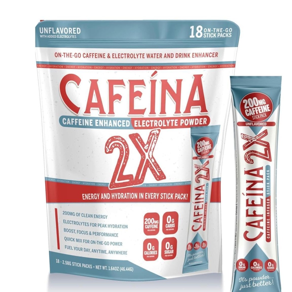 CAFEINA 2X - 200mg Kofeín a Electrolyte infundované práškové tyčinkové balenia (18 gróf)