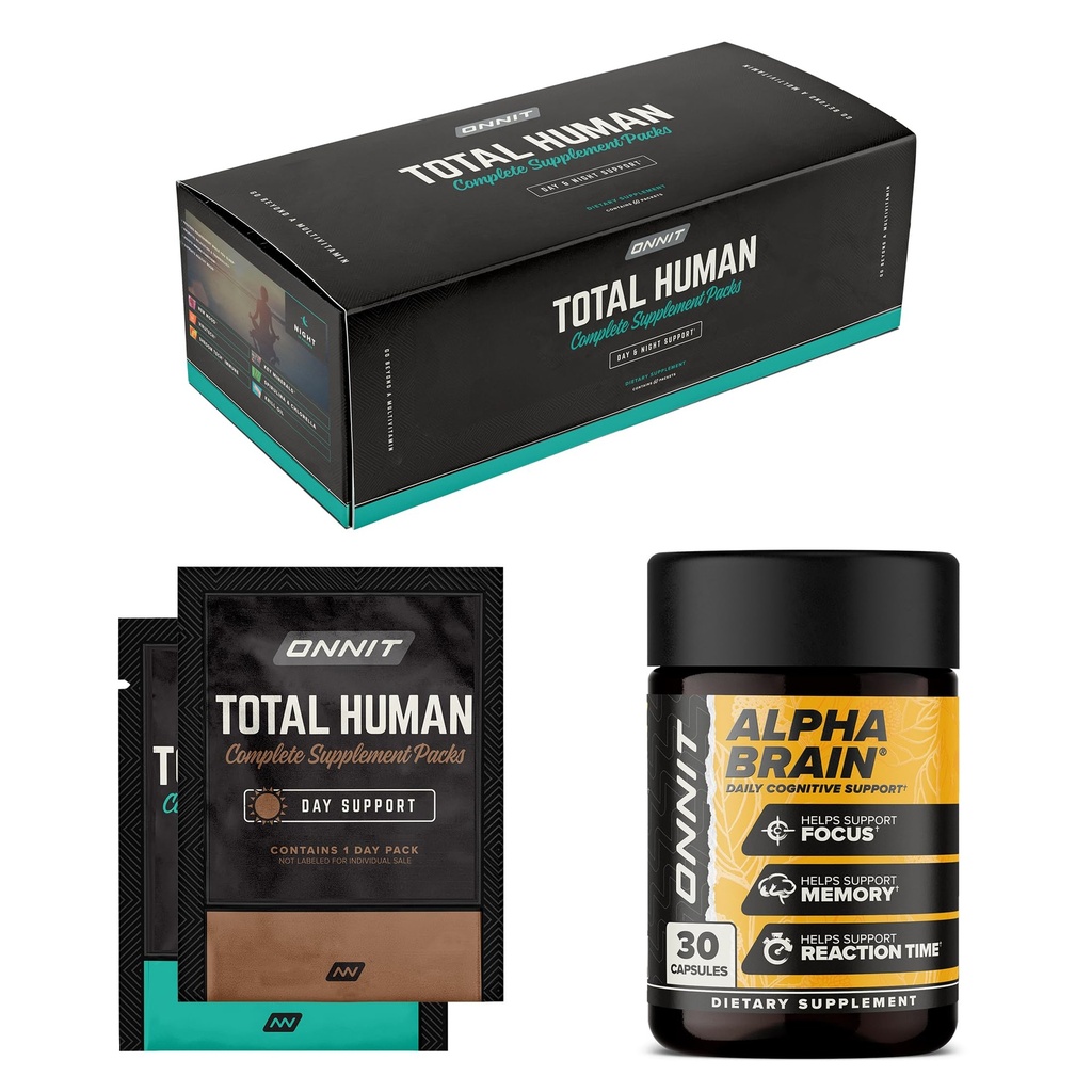 ONNIT Premium Alpha Brain Bundle - Nootropic Brain Supplement (30 Počet) pre zameranie, koncentrácia a pamäť + celkový ľudský deň a noc vitamínové balenia pre mužov a ženy (30-Deň dodávky)