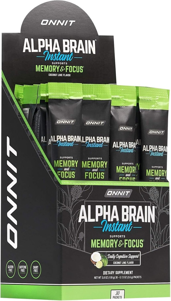 ONNIT Alpha Mozog Instant - Coconut Lime Flavor - Nootropic Brain Booster Memory Supplement - Podpora mozgu pre zameranie, Energia a jasnosť - Alpha GPC Choline, Cats Claw, L-Theanine, Bacopa - 30ct