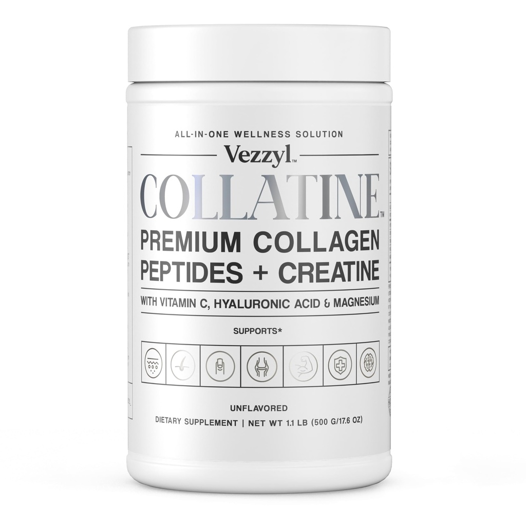 Collatine - Premium Collagen Peptides + Creatine with Vitamin C, Hyaluronic Acid and Magnesium for Skin, Hair, Nails, Bone & Joint, Muscle, Immune and Cognitive Aid (1.1 LB (500 G/17.6 OZ)