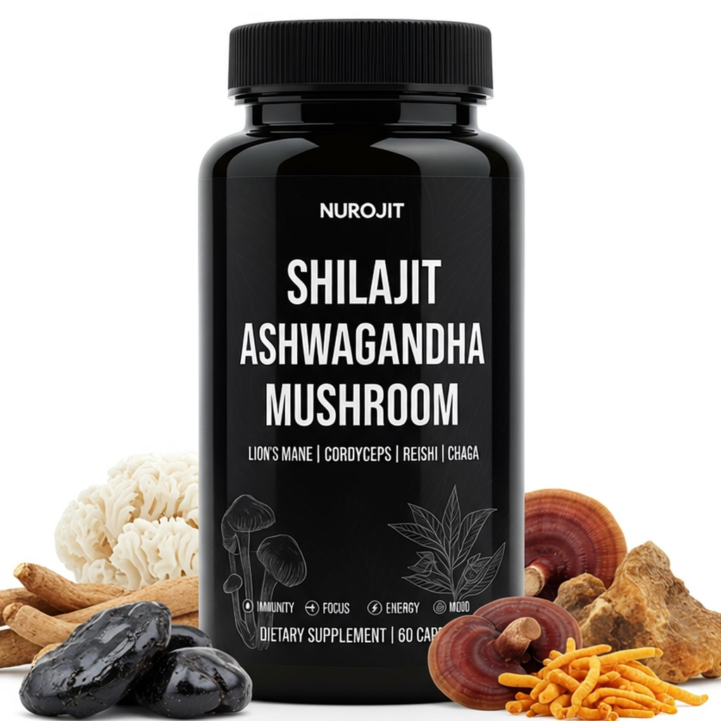 Shilajit Ashwagandha Mushroom Capsules, Herbal Blend with Lion’s Mane, Cordyceps, Reishi & Chaga, Vegan, Lab Tested, Non-GMO Supplement for Focus, Energy, Clarity & Daily Balance (60 Caps)