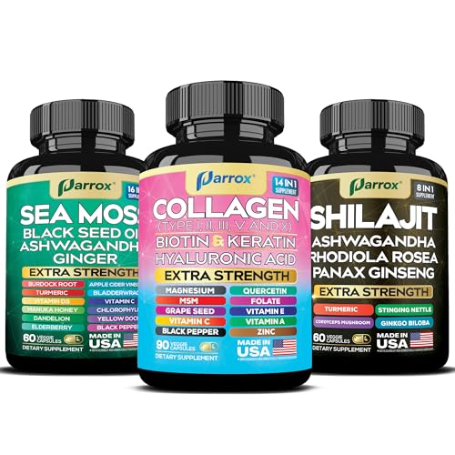 Collagen & Sea Moss Shilajit Capsules Bundle – 30-Day Supply – Collagen Peptides I, II, III, V, X + Biotin, Hyaluronic Acid – Sea Moss, Shilajit, Ashwagandha, Rhodiola, Ginseng