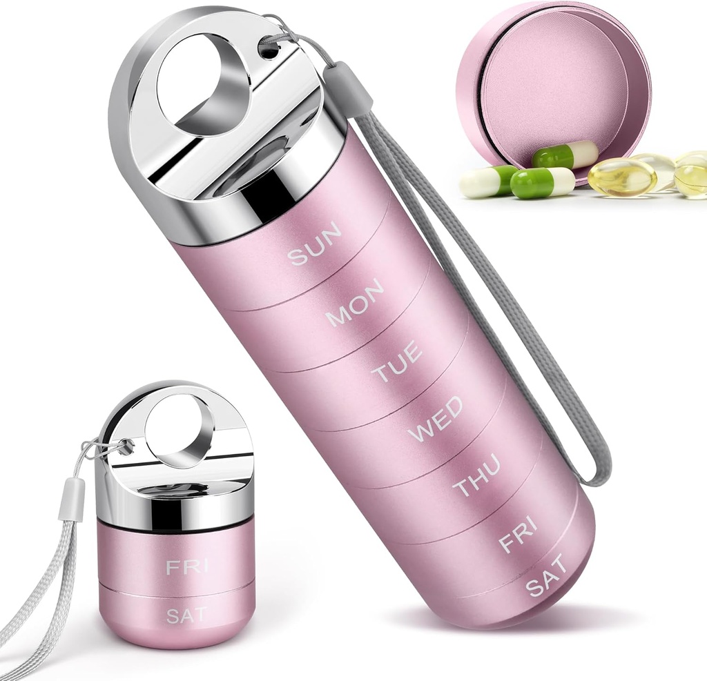 Kovové cestovné pilulky Organizátor, Prenosné týždenné pilulky Box, vodeodolný veľký hliníkový zliatina 7 deň vitamín kontajner, BPA Free Daily Medicine Organizátor Holder for Vitamin, Supplement, Fish Oil (Cute Pink)