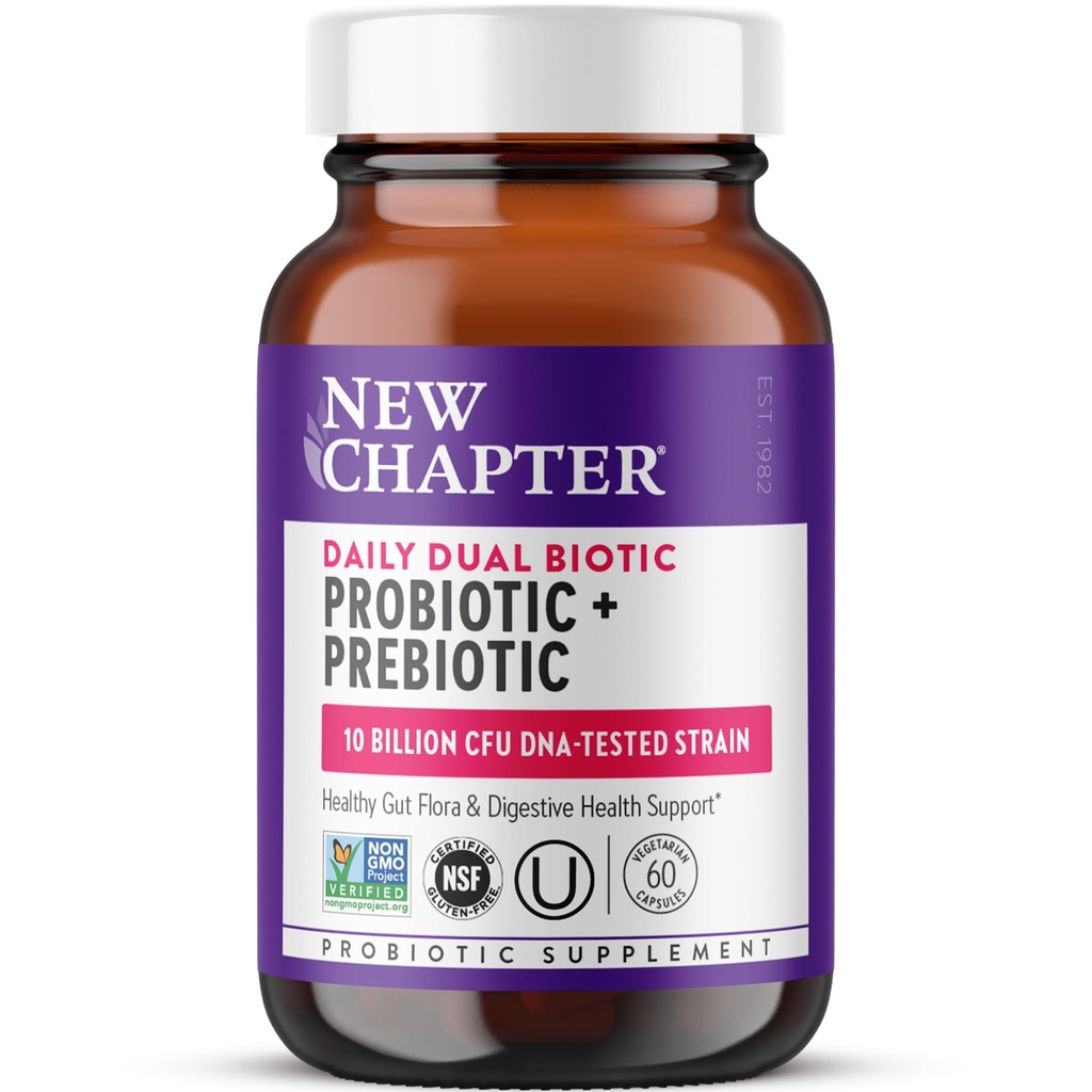 Nová kapitola Daily Dual Biotic Probiotic + Prebiotic for Digestion & Microbiome Health, 100% Vegan, Soy Free, Non-GMO, 60 Počet (2 mesiace dodávky)