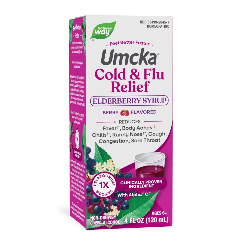 Nature's Way Cold + Flu Relief Sirup*, Umcka, Sore Throat, Kašeľ, Kongescia, Horúčka*, Body Aches*, Fenylefrin Free, Homeopatické, Non-Drowsy, Berry Ochutené, 4 Fl Oz (Backaging May Vary)