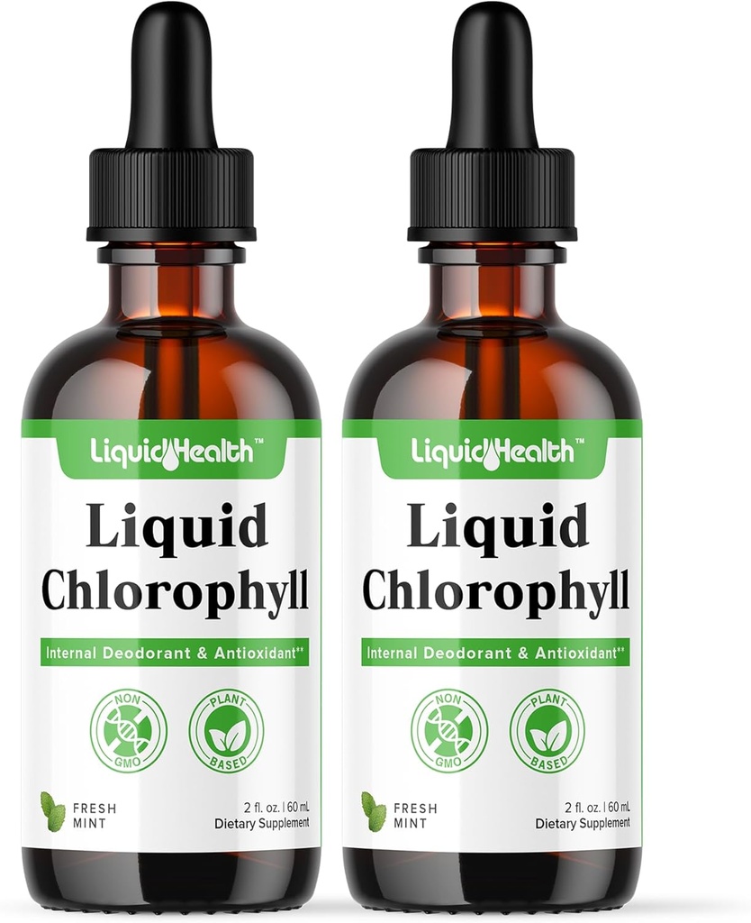 LIKVIDNÁ HEALTH Tekuté Chlorofylové kvapky - Interný dezodorant, Antioxidanty, Pečeň Detox, Immune Support, Relief Bad Breath, Reduce Appetite, Collagen for Hair & Skin Health - Vegan, Non-GMO (2 balenia)
