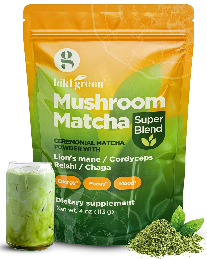 KIKI Green Mushroom Matcha Powder Super Blend 4 oz - Mushroom Coffee Alternative for Better Energy, Focus, Immunity - with Lion's Mane, Chaga, Reishi, Cordyceps