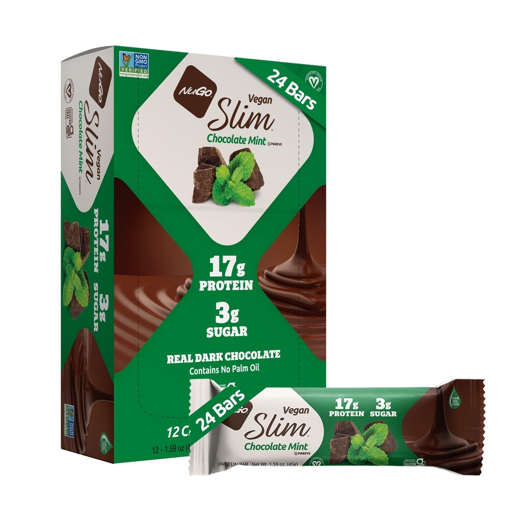 Nugo Slim Dark Chocolate Mint, 18g Vegan Protein, 3g Cukor, 6g Fiber, Low Net Carb, Keto Friendly, Gluten Free, 24 gróf