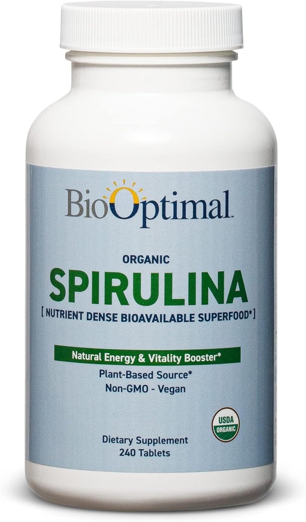 BioOptimal Organic Spirulina Tablety - Organické, non-GMO, žiadne prísady alebo plnidlá - 500mg Premium Quality Dietary Supplement with Vitamíny, Minerály, & Antioxidanty (240 tabliet)