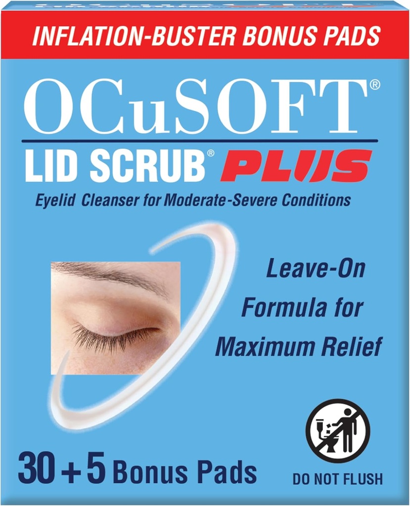 OCuSOFT Lid Scrub PLUS 35 - Predzvlhčená závlaha na očných viečkach pre stredne ťažké až ťažké podmienky - hydratačný čistiaci prostriedok na oči pre maximálnu úľavu - 35 počet
