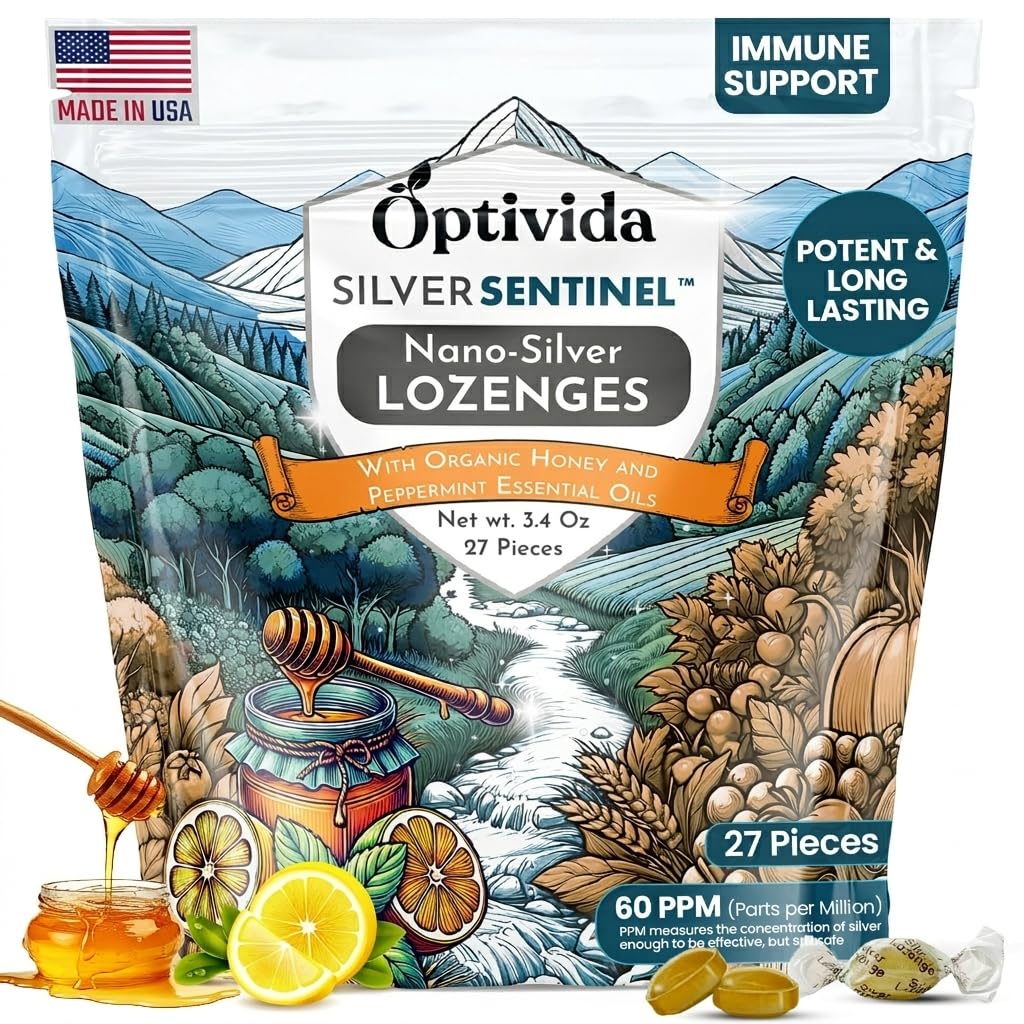 OPTIVIDA Zdravie Koloidné striebro Lozenges s medom a citrónovým olejom (1 balenie) - Upokojujúce Bolesť hrdla Lozenges pre dospelých s úľavou od kašľa a rýchlo pôsobiacim Nano Silver Formula pre imunitnú podporu, 60 pm
