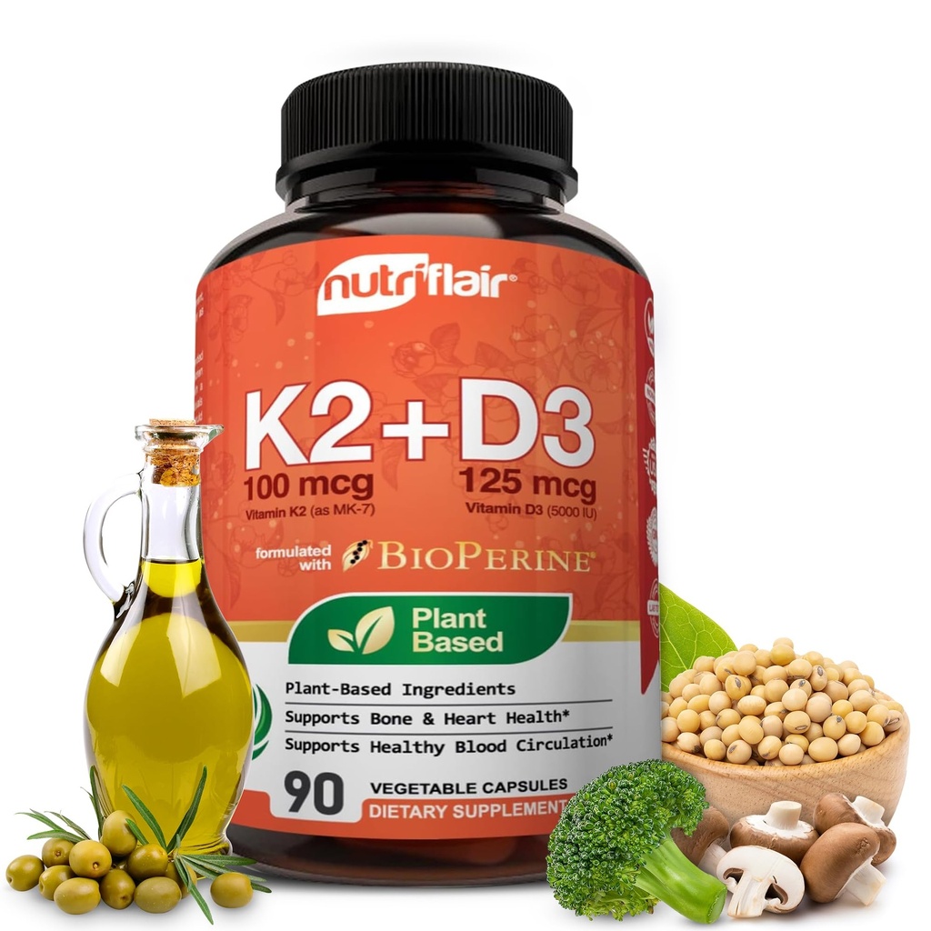NutriFlair Vitamíny D3 (5000iu/125mcg) + K2 (ako Mk7) - Vyrobené s rastlinnými zložkami Plus BioPine Black Pepper Extract, 90 Kapsule - podporuje zdravé imunitné, srdce a zdravie - NeGMO pilulky