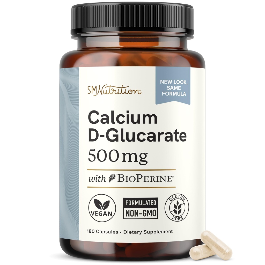 Calcium D-Glucarate | 500mg | CDG for Liver Detox and Cleanse, Hormone Balance, and Menopause Support | Calcium Supplement | Vegan, Non-GMO, & Third-Party Tested | 180 Capsules (6-Month Supply)
