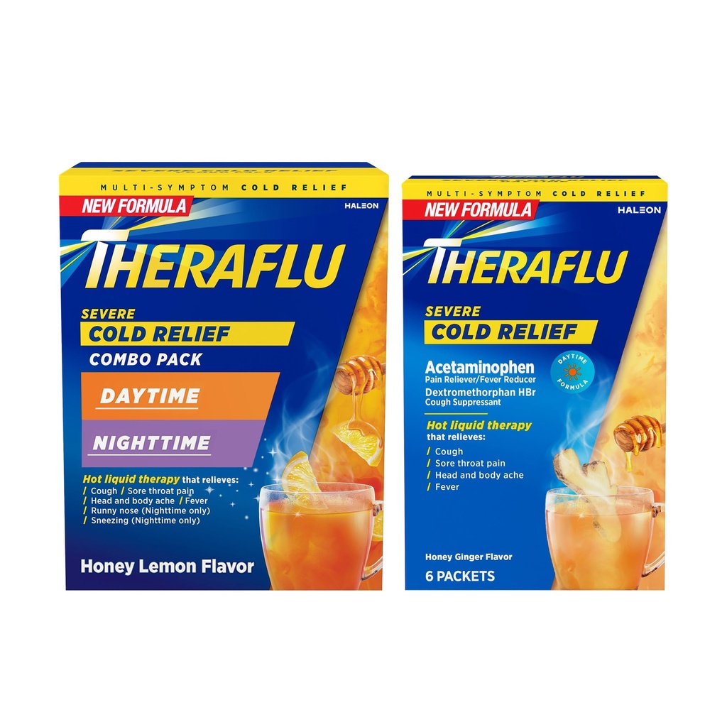 Theraflu Ťažká studená úľava horúca kvapalina prášok Combo: 12ct Daytime/Nighttime Honey Lemon chuť + 6ct Daytime med zázvor chuť