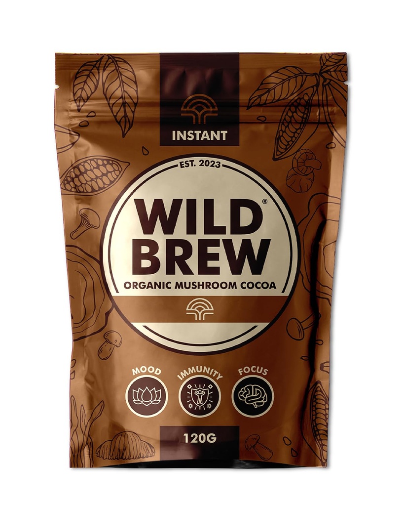 Wild Brew Organic Mushroom Cocoa, 120g Instant Cocoa with Chaga, Lion’s Mane, Reishi & 7 Extract Blend, 2400mg, 14mg Caffeine, Vegan Keto