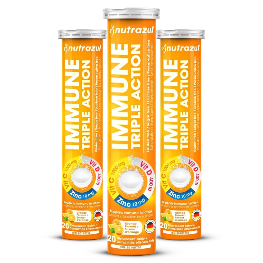 nutrazul Immune Triple Action Šumivé tablety s vitamínom C 1000 mg, vitamínom D, zinkom, podpornou dennou rutinou, bez lepidla, bez cukru, bez laktózy, pomarančovou príchuťou, 20 tabliet, (balenie 3)