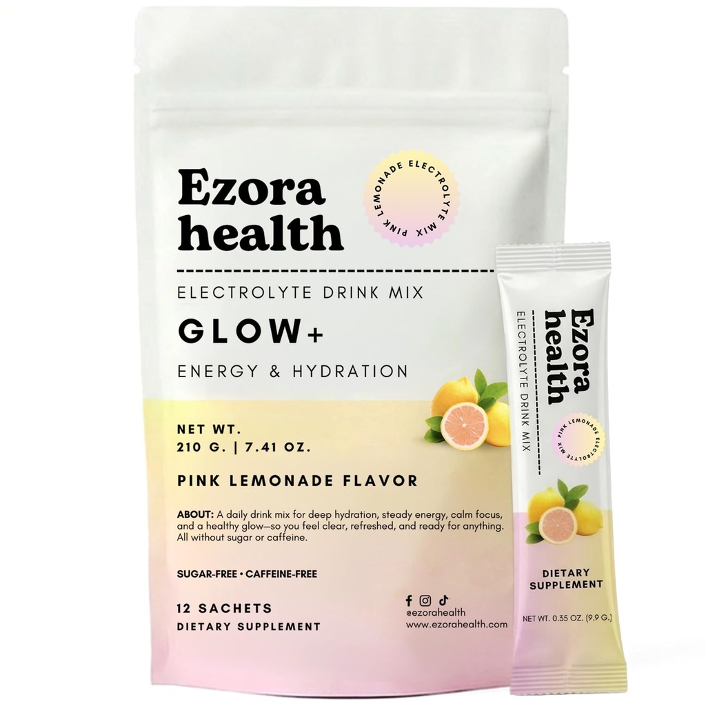 Glow Electrolyte Drink Mix for Women with Hyaluronic Acid, Vitamin B12 + B6, L-Theanine & Taurine – No Sugar, No Caffeine (Pink Lemonade Flavor) 12 Count
