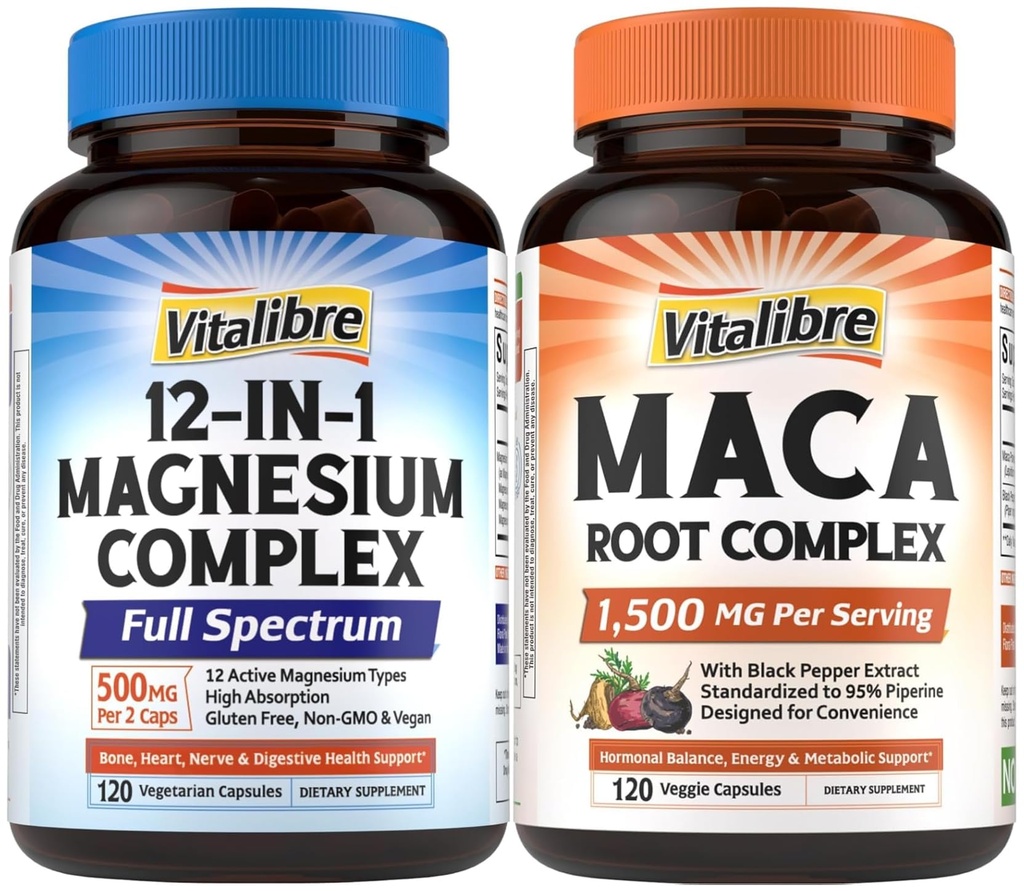 Vitalibre 12 in 1 Magnesium Complex 500mg and Maca Root Capsules Bundle Chelated Magnesium and 1,500mg Maca Root Vegan Non-GMO 120 Capsules Each
