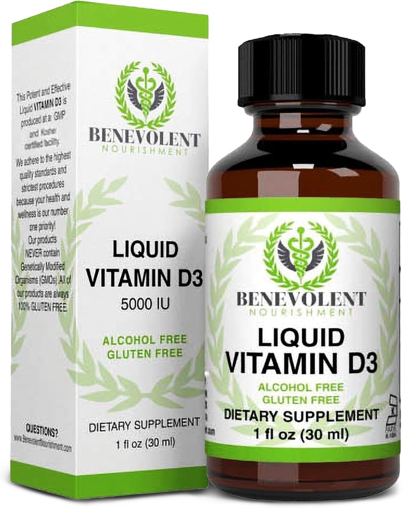 Benevolentná výživa Vitamín D3 kvapká 5000 IU - Silný a účinný 1000 IU na kvapku - Rýchly absorbačný tekutý diétny doplnok - 100% alkohol a bez lepku
