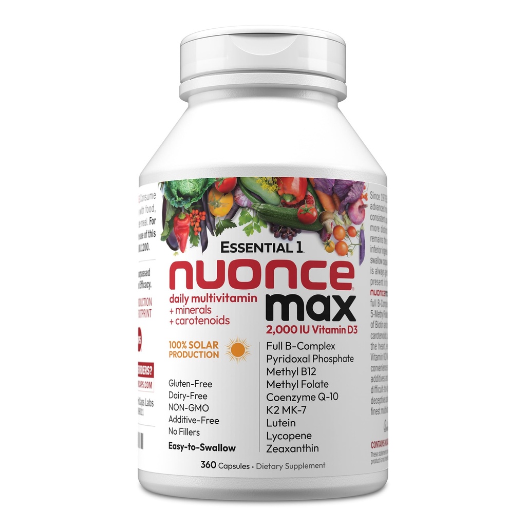 Andrew LESSMAN Essential-1 nunce max Multivitamín 2000 IU Vitamín D3 360 Malé kapsuly. 100 μg Metyl B12. CoQ10 Lutein Lycopene Zeaxantin. Vysoká sila. Žiadne prídavné látky. Ultra-Mild Jedna denná kapsula
