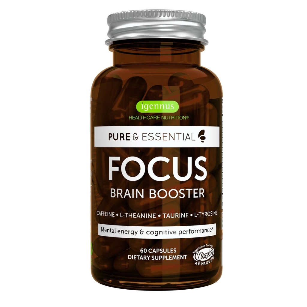 Igennus Focus - Nootropic s 200 mg prírodného kofeínu, Metylated B Vitamíny, L-Theanine, Taurín, L-Tyrosine, Čistá energia, Mozog Booster & Cognitive Performance, non Jettery, 60 Kapsule