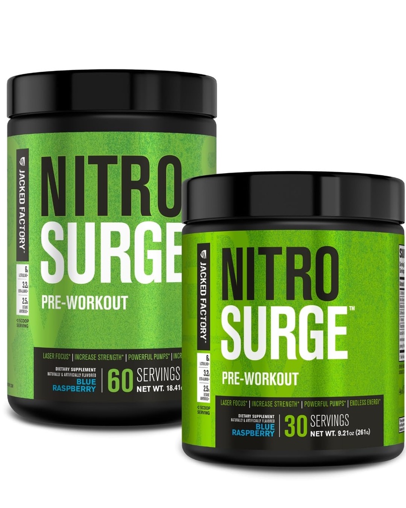 Jacked Factory NITROSURGE Pre Cvičenie Supplement - Energy Booster, Instant Strength Gains, Clear Focus & Intense Pumps - NO Booster & Výkonný preworkout Energy Powder - 90 Servings, Blue Malina
