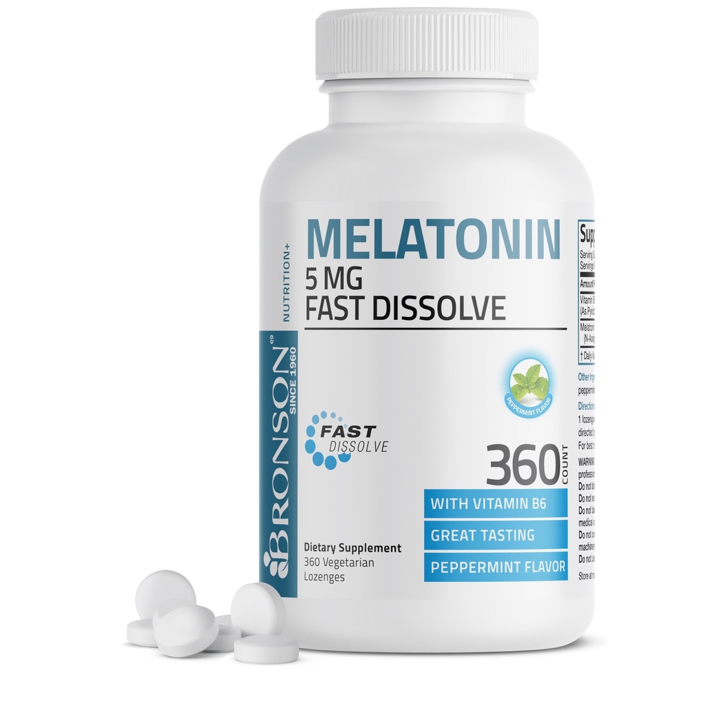 Bronson Melatonin 5 mg Fast Rozpustite tablety mäty piepornej s vitamínom B6 - Podporuje relaxáciu, 360 Vegetariánskych žuvačiek