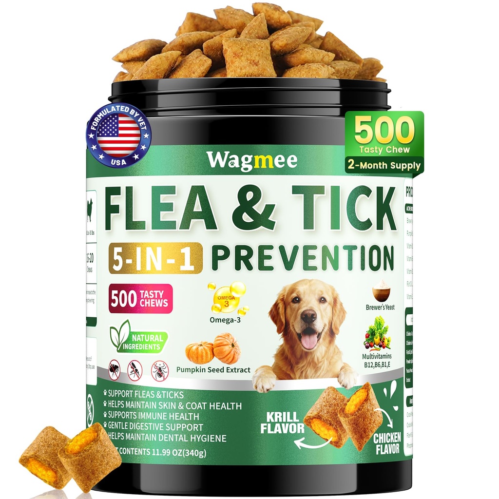 Flea and Tick Prevention for Dogs Chews – 500 Tasty Chicken Flavor Soft Chews, Dog Flea and Tick Treatment, Oral Flea Chews Supplement for Dogs, Puppies, All Breeds & Ages