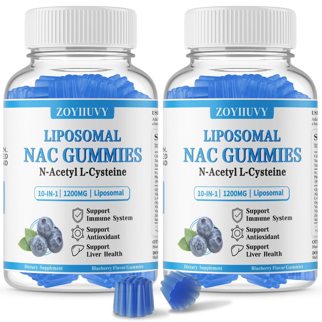 2 Pack Liposomal NAC Gummies 1200mg, NAC Supplement N-Acetyl Cysteine for Adults & Kids, Glutathione, Vitamin C, Zinc, ALA, Glycine, Support Antioxidant, Immunity & Liver Health,Blueberry Flavor,120Ct
