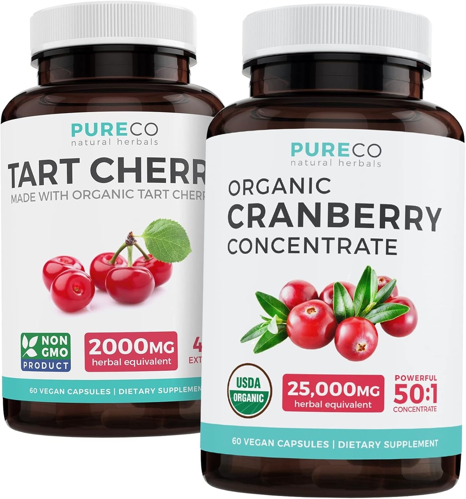 Bundle of Organic Cranberry Pills & Tart Cherry - Clean & Clear Bundle - Urinary Tract & Uric Acid Support - Organic Cranberry Pills - 50:1 koncentrát & Organic Tart Cherry Kapsule - 4:1 extrakt