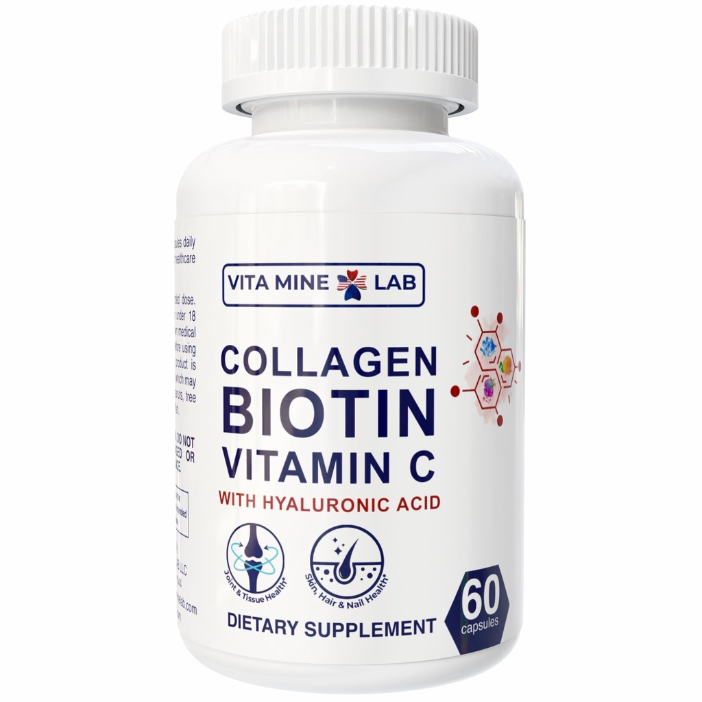 Collagen + Biotin + Vitamin C with Hyaluronic Acid, Supports Skin, Hair & Nail Health, Gluten-Free, Halal, Made in USA, 60 Vegan Capsules